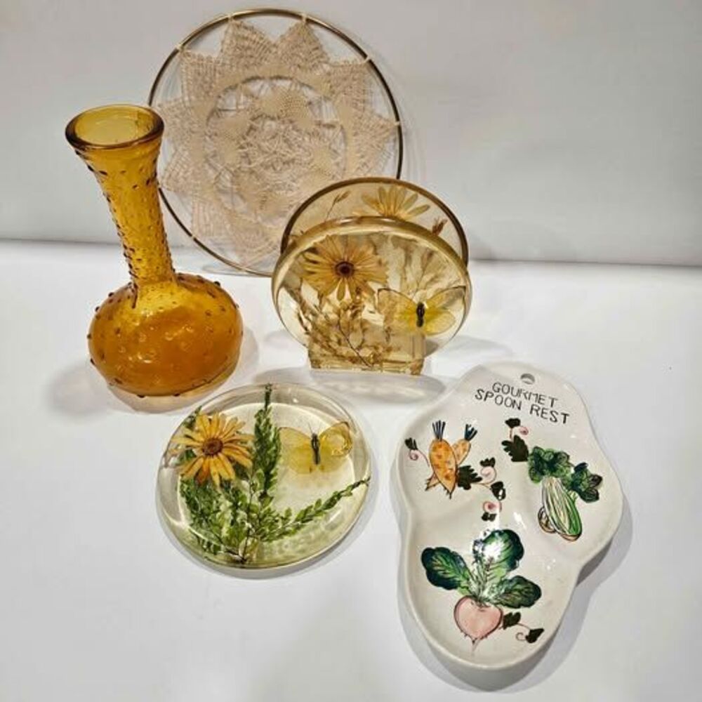 Amber Glass Vase, Resin Dried Flower Decor, Crocheted Doily, Spoon Rest lot
